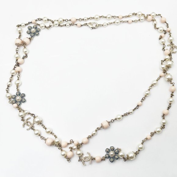 Chanel Gold CC Pastel Blue Pink Flower Pearl Necklace - Picture 1 of 5